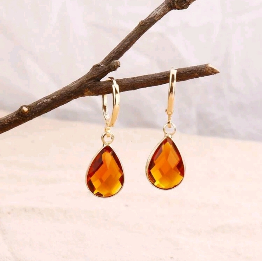 Vintage Style Honey Amber Drop Earrings Warm Orange Autumn Boho Cottagecore, OS